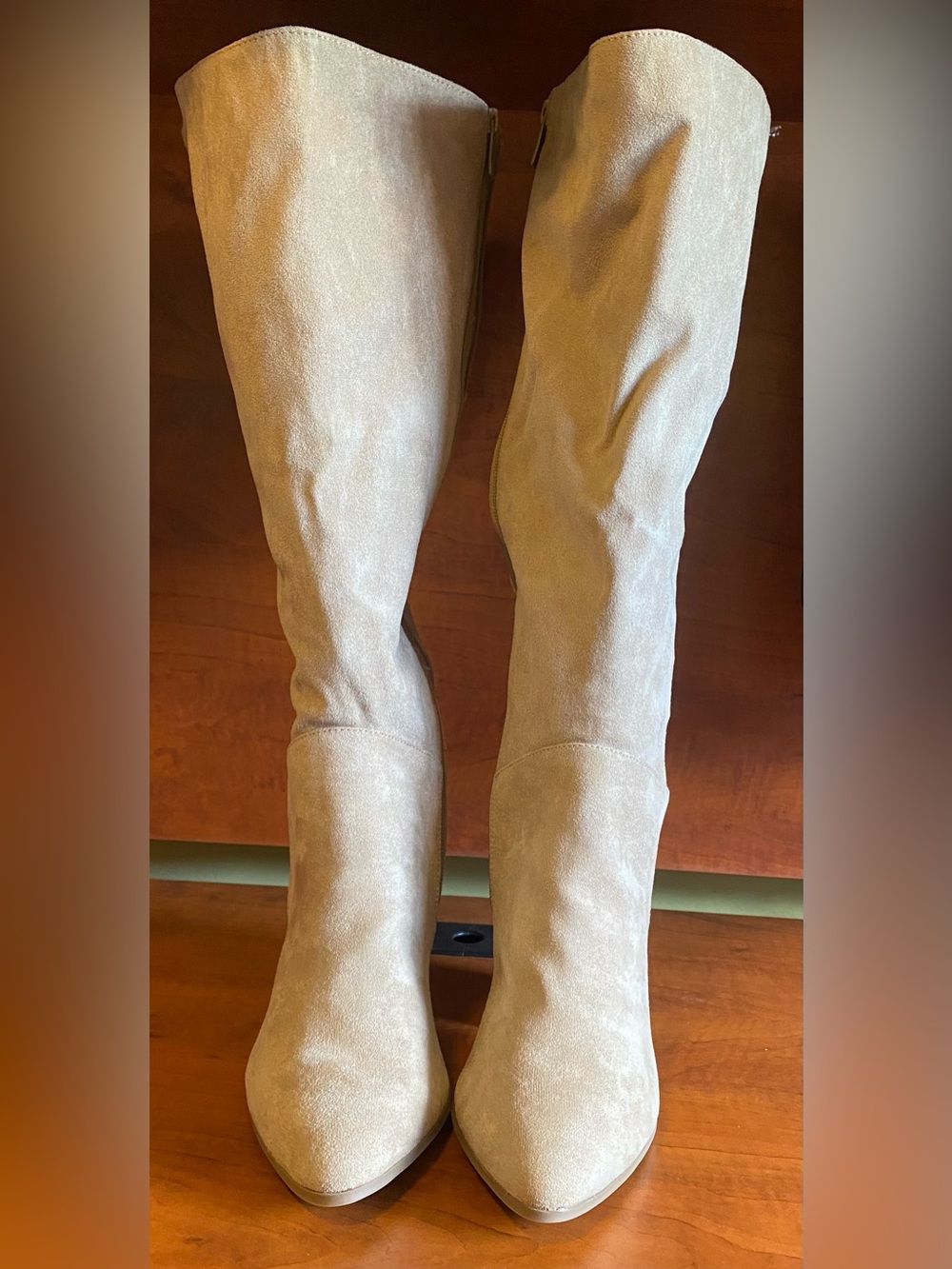 Torrid Knee High Suede-Look Boots in Tan. 3 1/2” Block Heel and Pointed Toe. 9WW